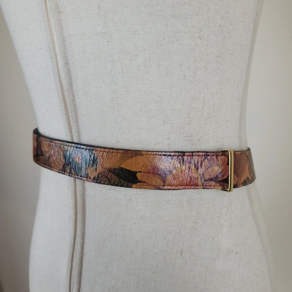 VTG Floral Belt 38 Colorful Leather Hook Buckle Argentina Boho Cinch 90s Corset